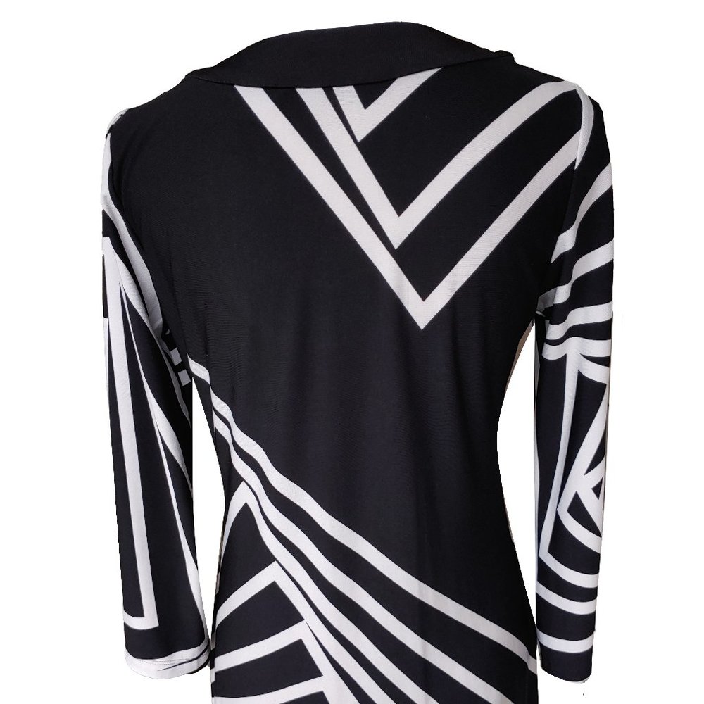 Forever Black White Geometric Minimalist Tunic Sheath Midi Dress - Picture 4 of 7
